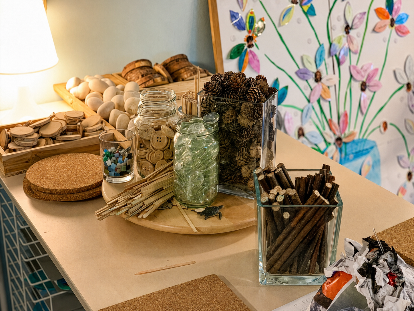 A loose parts provocation area inviting open-ended creativity